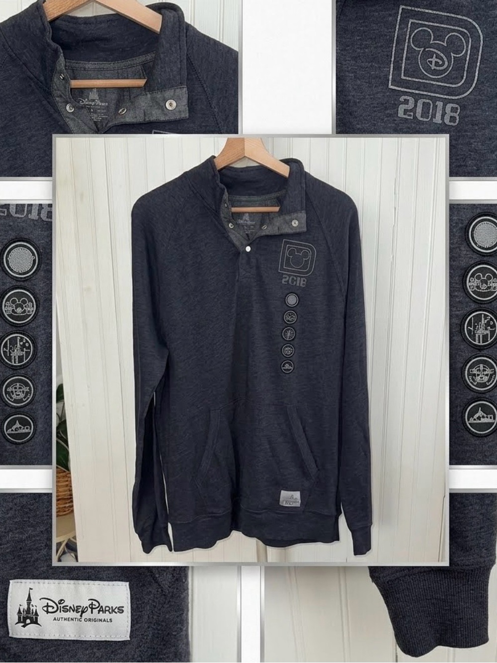 Disney Parks 2018 Theme Park Icons Men's 1/4 Snap Pullover Large Grey